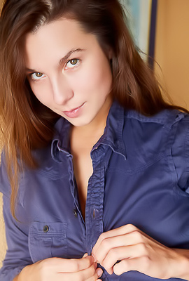 Belka Captivating Brunette Smiles Flirtatiously As Her Buttons Pop Open