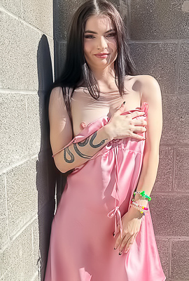 Vixen Hikes Her Pink Slip Dress Up And Plays With Herself On A Fallen Tree