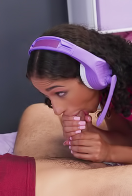 Lina Love eagerly sucks Kais big dick as she games, pretending not to be fucking him in her bedroom
